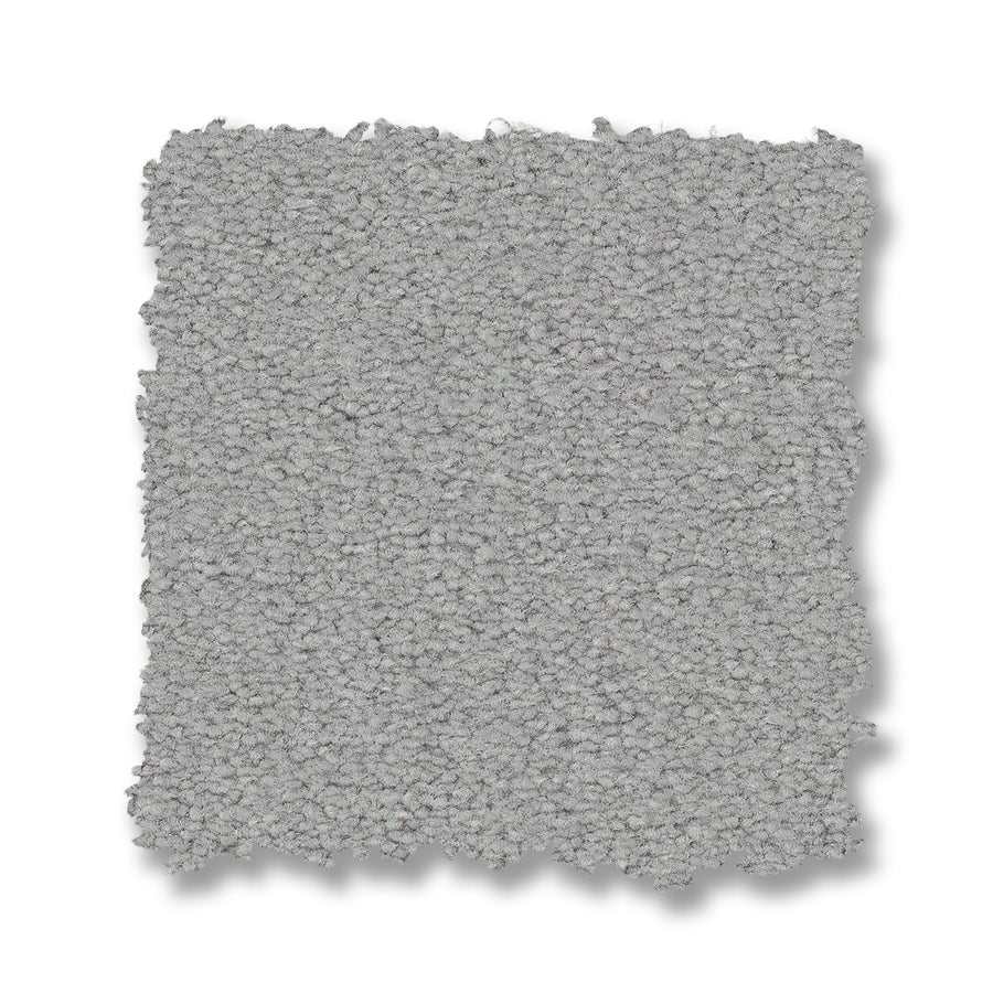 A square swatch of Finery Pet Friendly Carpet in light gray, featuring a textured looped pile and slightly uneven edges, displayed on a white background.
