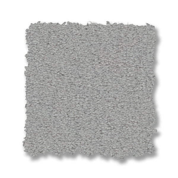 A square swatch of Finery Pet Friendly Carpet in light gray, featuring a textured looped pile and slightly uneven edges, displayed on a white background.