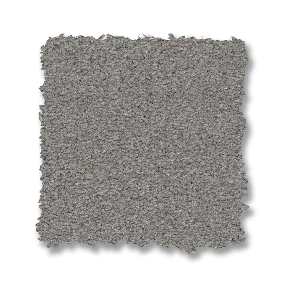 A square swatch of Finery Pet Friendly Carpet in light gray, featuring a durable, looped, textured surface with slightly frayed edges, displayed against a white background.