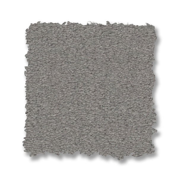 A square swatch of Finery Pet Friendly Carpet in light gray, featuring a durable, looped, textured surface with slightly frayed edges, displayed against a white background.