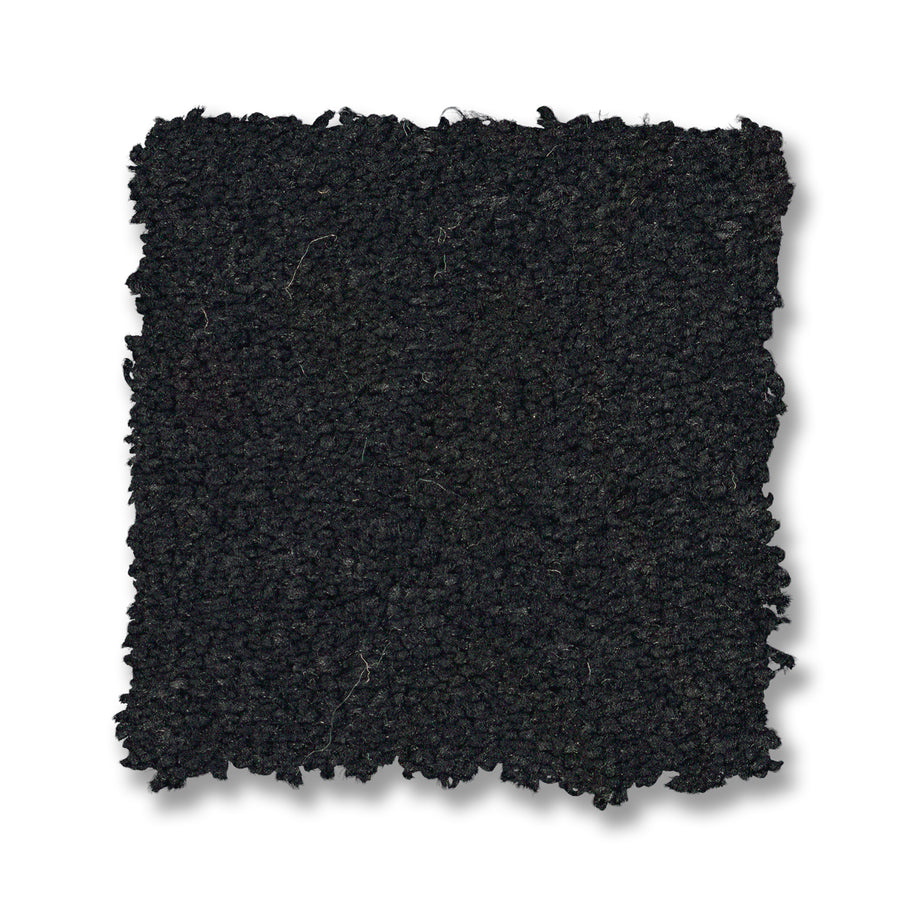 A square swatch of Finery Pet Friendly Carpet in dark black with a textured surface and slightly uneven edges, shown on a white background.