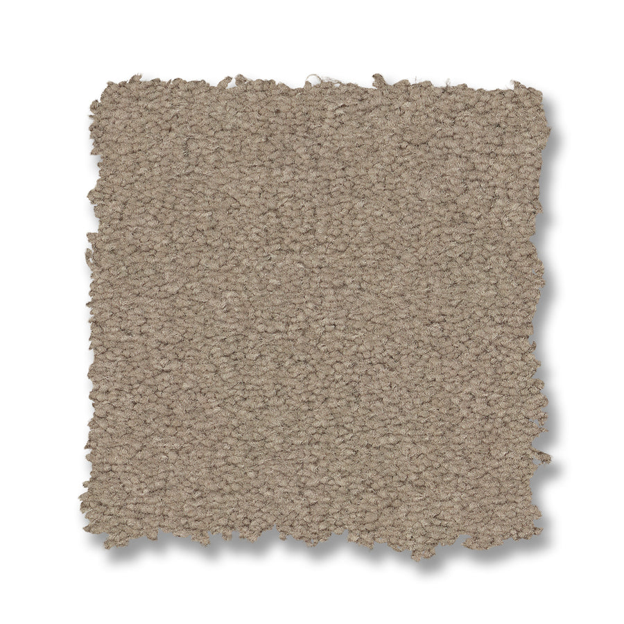 A square swatch of Finery Pet Friendly Carpet in light brown, featuring tightly woven, durable fibers and a textured surface, displayed on a white background.