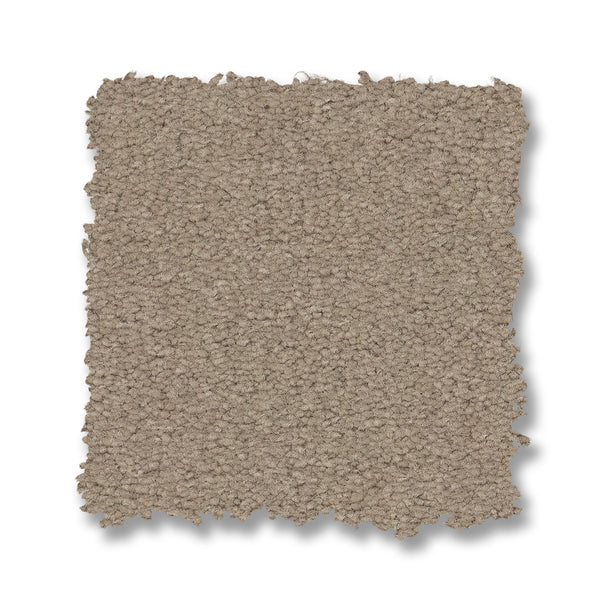 A square swatch of Finery Pet Friendly Carpet in light brown, featuring tightly woven, durable fibers and a textured surface, displayed on a white background.