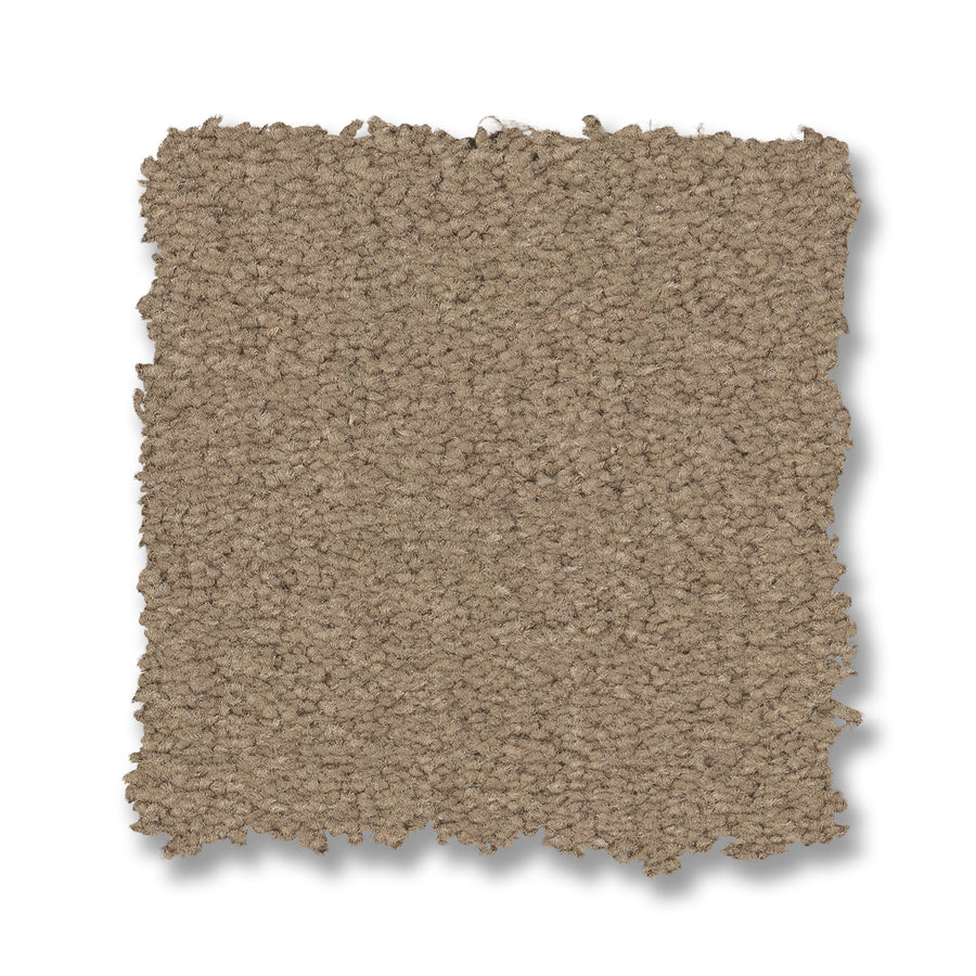 A square swatch of Finery Pet Friendly Carpet in light brown with soft, looped fibers is shown against a white background—ideal for anyone wanting a luxurious yet durable carpet.