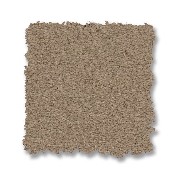 A square swatch of Finery Pet Friendly Carpet in light brown with soft, looped fibers is shown against a white background—ideal for anyone wanting a luxurious yet durable carpet.