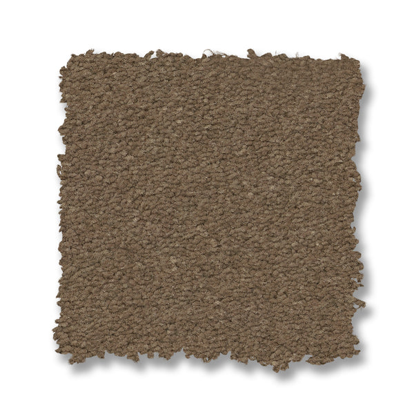 A square swatch of Finery Pet Friendly Carpet in brown, featuring a textured, durable surface with slightly frayed edges, shown on a white background.