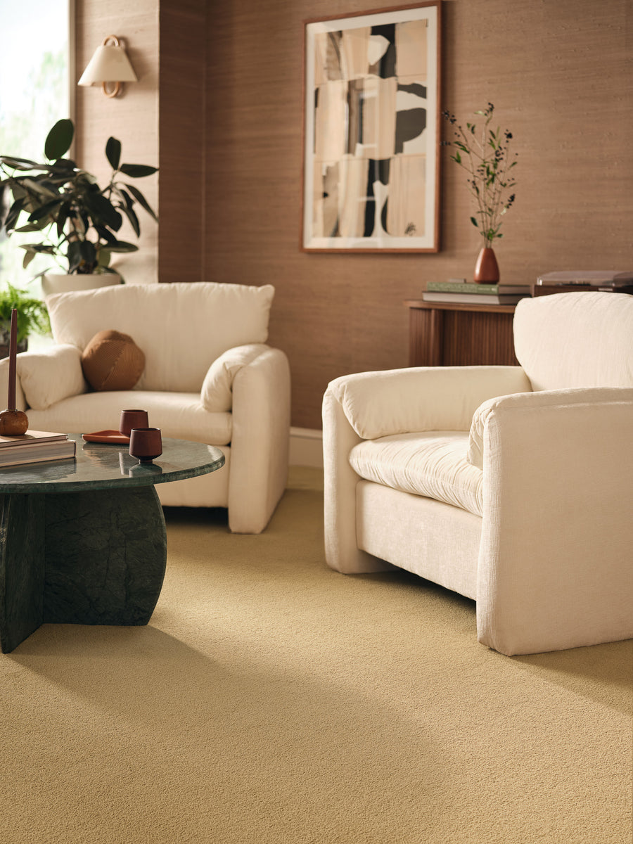 A cozy living room with two plush white armchairs, a round marble coffee table, neutral wall art, a wooden cabinet, potted plants, and beige carpeting, bathed in natural light.