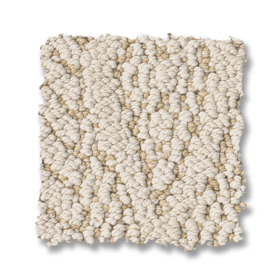 A rectangular swatch of Crochet Berber Carpet in textured beige and cream, featuring a thick, woven pattern and plush Berber texture, displayed on a white background.