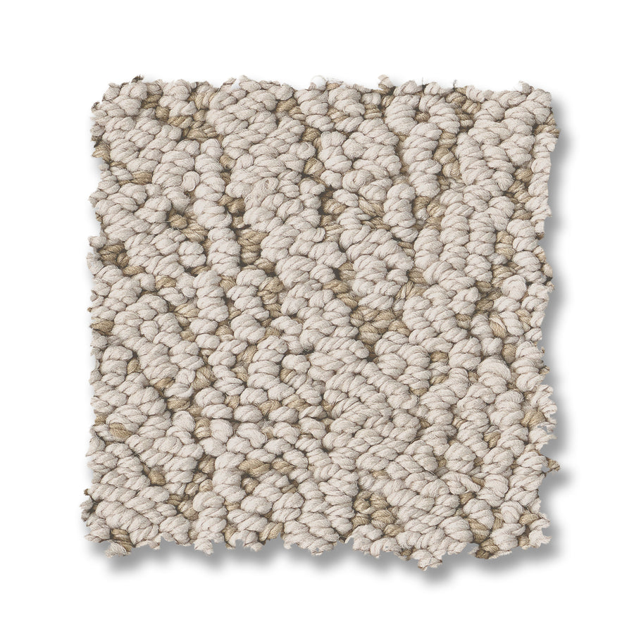 A rectangular swatch of Crochet Berber Carpet in beige and taupe, featuring a chunky Berber texture with uneven edges on a plain white background.