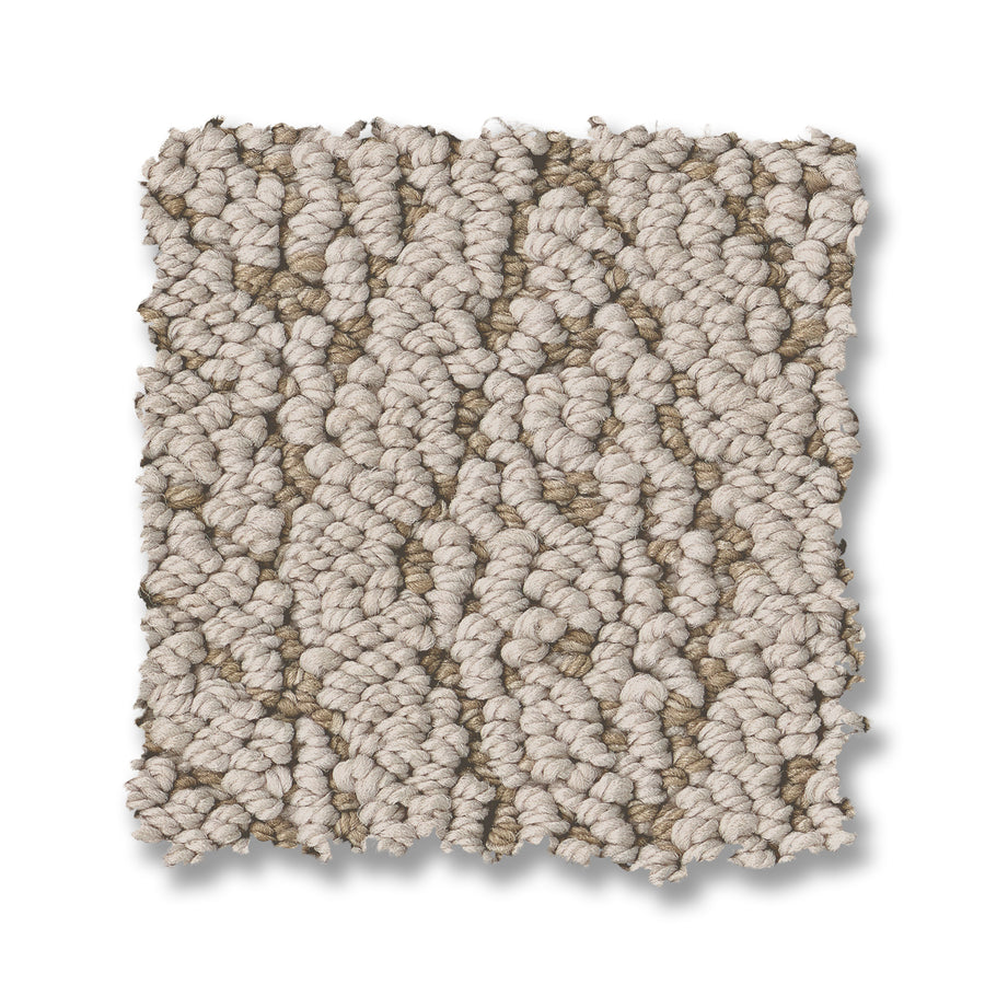A rectangular swatch of Crochet Berber Carpet, shown on a white background, highlights its thick braided pattern and rich textured design in light beige and taupe shades.
