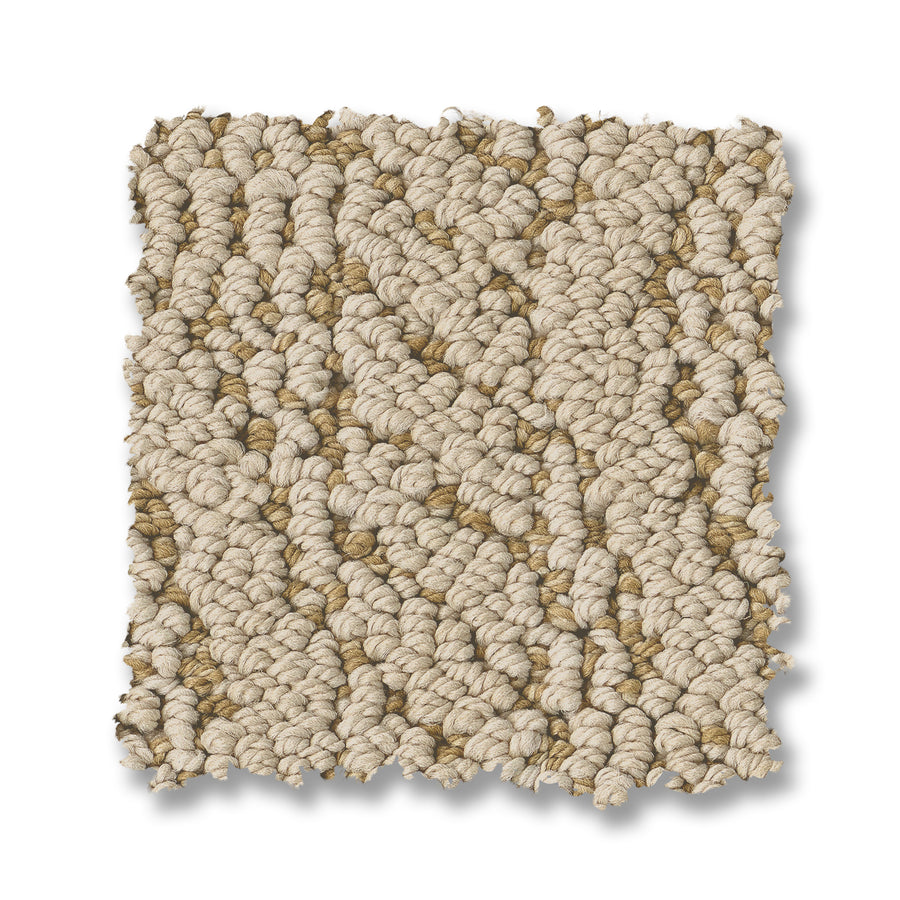 The Crochet Berber Carpet is a rectangular swatch of luxury carpet, showcasing a textured looped beige and light brown Berber yarn on a white background.