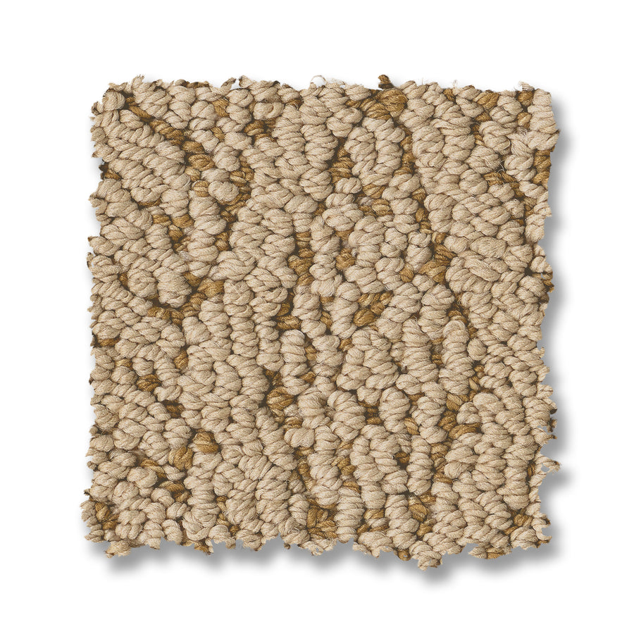 The Crochet Berber Carpet is a rectangular swatch in beige and light brown tones, featuring a looped Berber texture and a subtly irregular border, displayed against a white background.