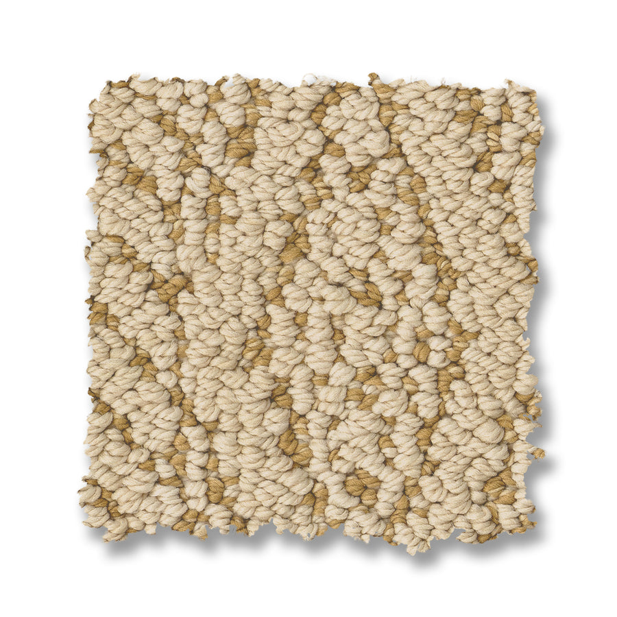 A rectangular sample of Crochet Berber Carpet in beige and light brown, featuring a chunky loop pile texture and uneven edges, is displayed on a white background.