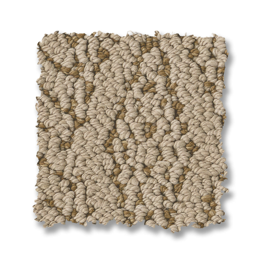 A rectangular swatch of Crochet Berber Carpet, featuring textured, looped beige and light brown fibers with a subtle striped pattern, is shown on a white background.