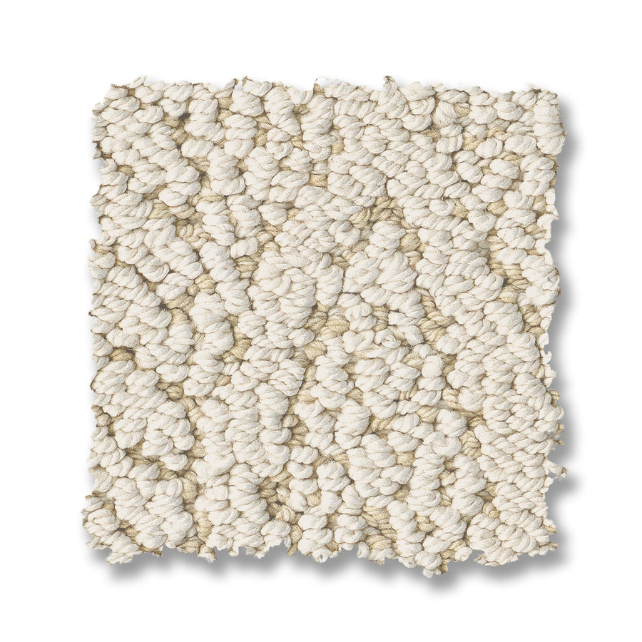 A close-up of a rectangular swatch of Crochet Berber Carpet, featuring a cream color, looped pile, and distinct Berber texture, shown isolated on a white background.