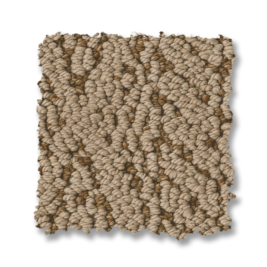 A rectangular swatch of Crochet Berber Carpet in beige and brown is displayed on a white background, featuring thick, tightly looped fibers that form a textured and patterned Berber surface for a refined appearance.