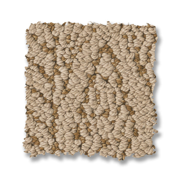 A square sample of Crochet Berber Carpet in textured, looped beige and light brown with a subtle Berber pattern, shown on a white background.