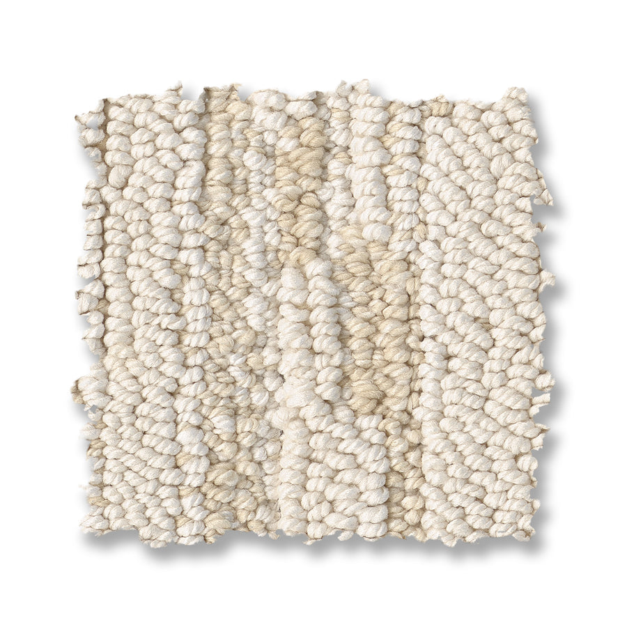 A square swatch of Loom Berber Carpet features looped, chunky yarns in light beige and off-white stripes on a white background for a sophisticated look.