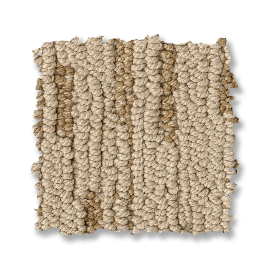 A square swatch of Loom Berber Carpet in beige and tan, showcasing a textured striped looped pattern with visible fibers on a white background for a sophisticated look.