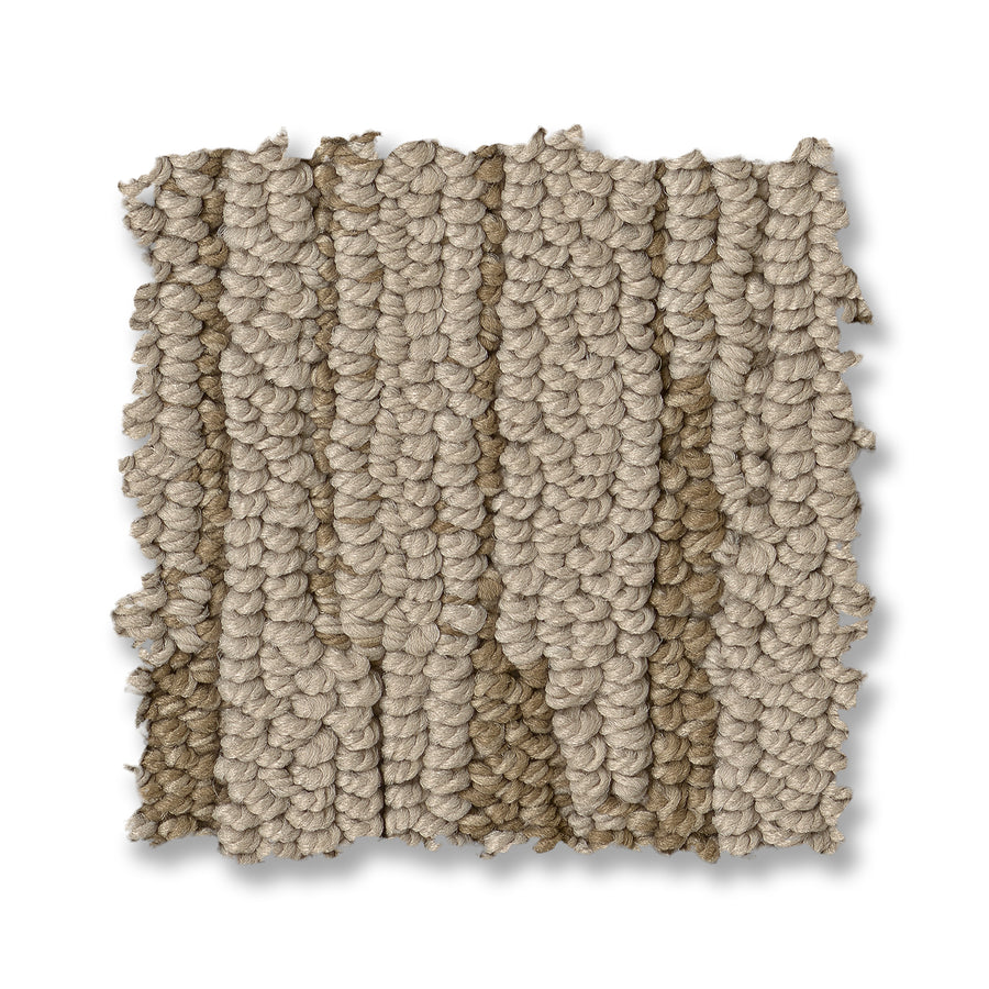The Loom Berber Carpet sample features a looped pile texture with alternating light beige and taupe stripes, creating a sophisticated look ideal for luxury interiors.