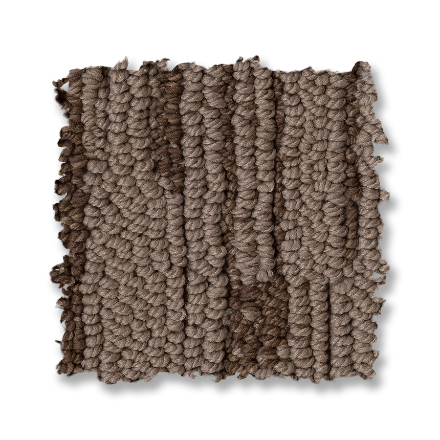 A square sample of Loom Berber Carpet, showcasing a textured striped design in brown and taupe tones, elegantly displayed on a white background.