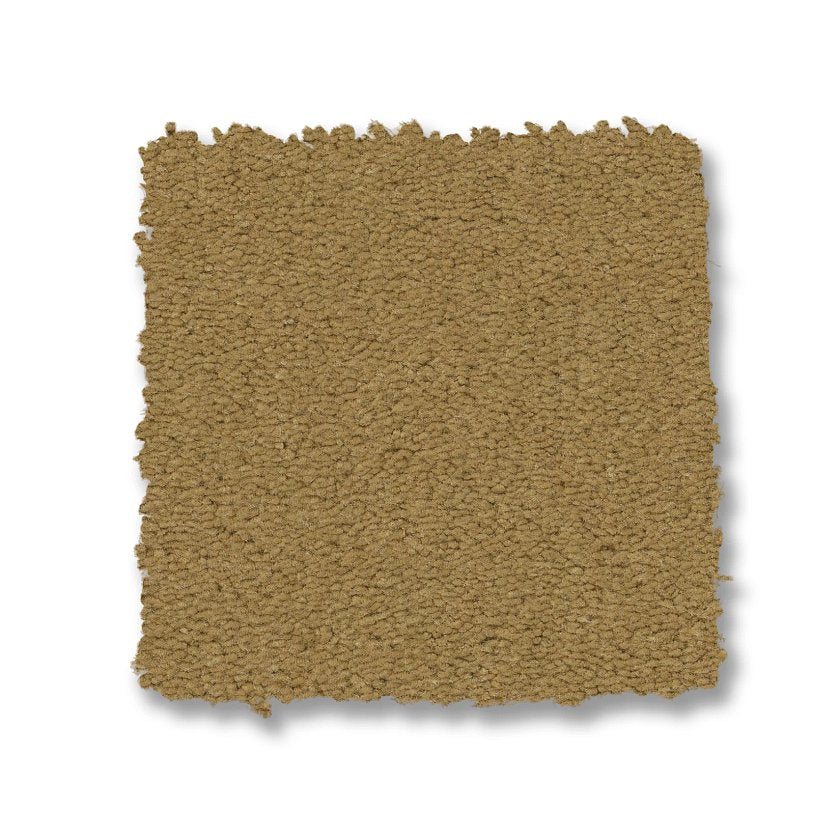 A square sample of Finery Pet Friendly Carpet in light brown, featuring a textured and durable surface with slightly uneven edges, displayed on a white background.