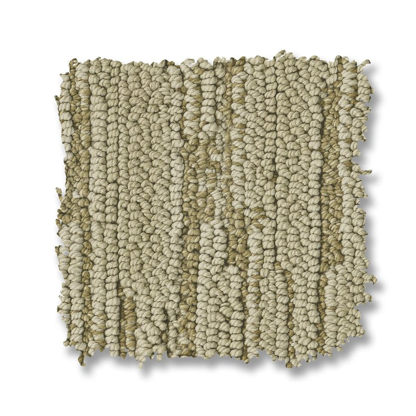 A square swatch of Loom Berber Carpet displays beige and tan tones with textured loop-pile and alternating vertical rows, highlighting its sophisticated design against a white background.