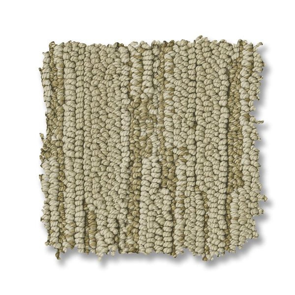 A square swatch of Loom Berber Carpet displays beige and tan tones with textured loop-pile and alternating vertical rows, highlighting its sophisticated design against a white background.