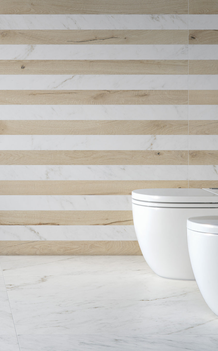 A minimalist bathroom features a white toilet and bidet on a white marble floor, with a wall of alternating light wood and white marble horizontal stripes in the background.