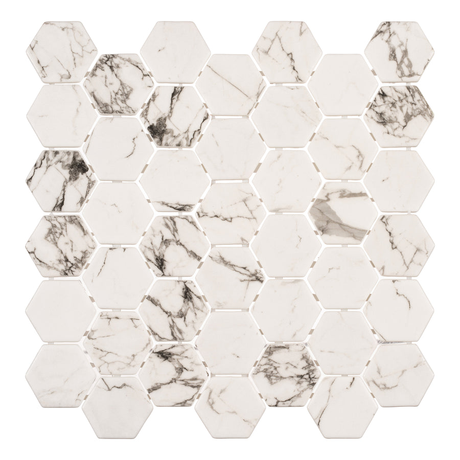 The Mayan Garden Hexagon Glass Mosaic Tile in Tulum Heights features white, cream, and gray hexagons with marble veining on a white background—perfect for a modern, honeycomb-inspired design.