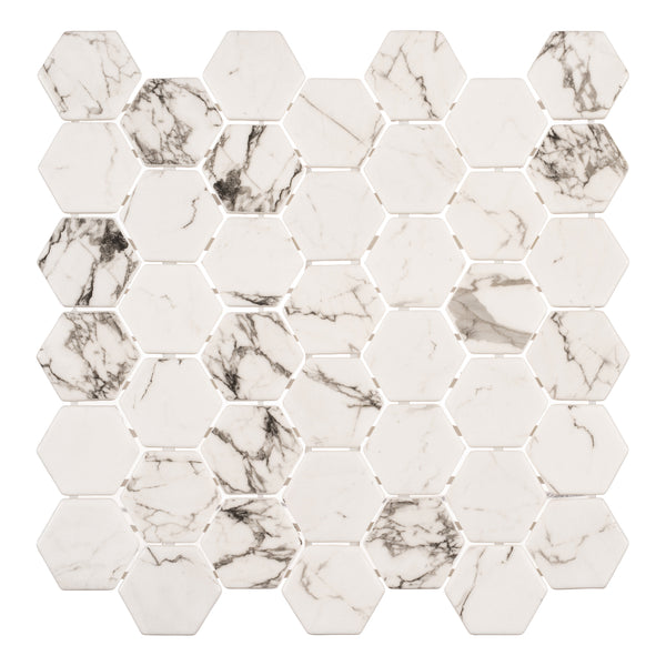 The Mayan Garden Hexagon Glass Mosaic Tile in Tulum Heights features white, cream, and gray hexagons with marble veining on a white background—perfect for a modern, honeycomb-inspired design.