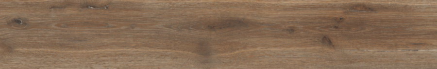 Close-up of Maison 9x48 Porcelain Tile, showcasing a natural wood-look surface with textured grain patterns in brown tones, featuring swirling lines and knots that mimic aged or weathered wood.
