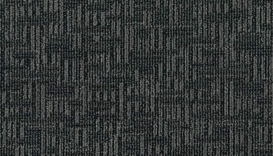 Close-up of Magnetic Vision Family Friendly Carpet in English color, featuring a modern textured geometric pattern with intersecting lines and rectangles in varying shades for a stylish, grid-like look.