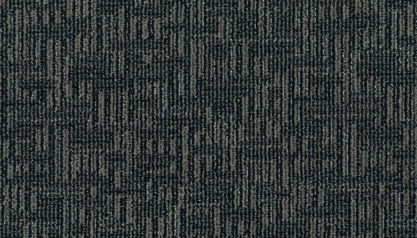 Close-up of Magnetic Vision Family Friendly Carpet in English color, featuring a modern textured geometric pattern with intersecting lines and rectangles in varying shades for a stylish, grid-like look.