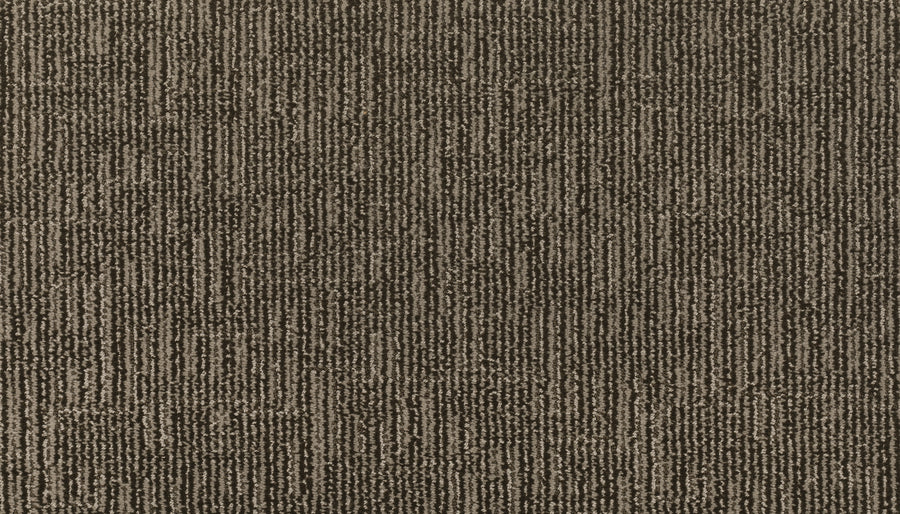 Close-up of the Magnetic Vision Family Friendly Carpet in Montego, featuring a durable build and a brown and beige linear pattern for a subtle, geometric, modern look.