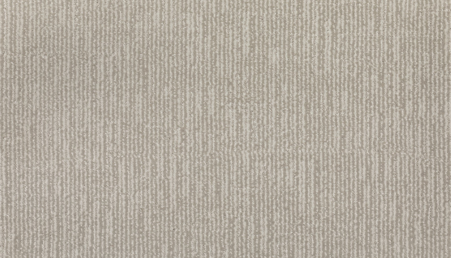 A close-up of Magnetic Vision Family Friendly Carpet in Blizzard, featuring a subtle vertical textured pattern with thin light and dark lines for a family-friendly look.