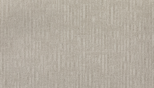 A close-up of Magnetic Vision Family Friendly Carpet in Blizzard, featuring a subtle vertical textured pattern with thin light and dark lines for a family-friendly look.