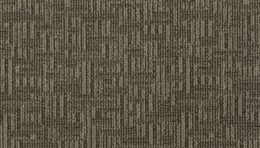 Close-up of the Magnetic Vision Family Friendly Carpet in Tumbleweed, featuring a geometric maze-like pattern with intersecting lines in brown and beige tones for a textured look.