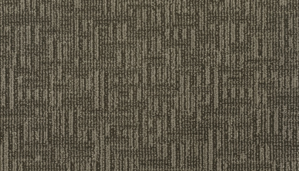 Close-up of the Magnetic Vision Family Friendly Carpet in Tumbleweed, featuring a geometric maze-like pattern with intersecting lines in brown and beige tones for a textured look.