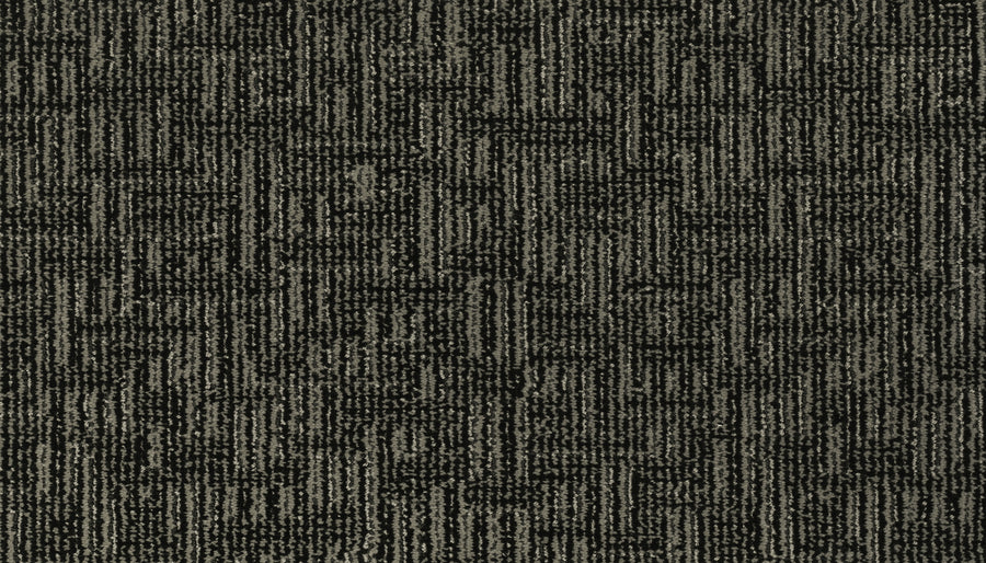 Close-up of the Magnetic Vision Family Friendly Carpet in Contemporary, showcasing a durable, modern design with dark geometric patterns of intersecting lines and rectangles—offering a stylish, textured look perfect for any home.
