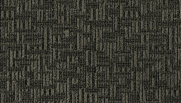 Close-up of the Magnetic Vision Family Friendly Carpet in Contemporary, showcasing a durable, modern design with dark geometric patterns of intersecting lines and rectangles—offering a stylish, textured look perfect for any home.