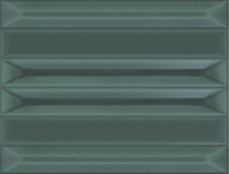 Malachite-colored Jewelz 12x16 Glazed Porcelain Tiles, featuring a rectangular shape and a glossy geometric finish, are arranged in a vertical stack; each durable tile boasts beveled edges and a gentle gradient that creates a striking three-dimensional effect.