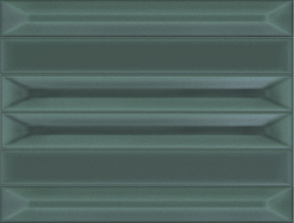 Malachite-colored Jewelz 12x16 Glazed Porcelain Tiles, featuring a rectangular shape and a glossy geometric finish, are arranged in a vertical stack; each durable tile boasts beveled edges and a gentle gradient that creates a striking three-dimensional effect.