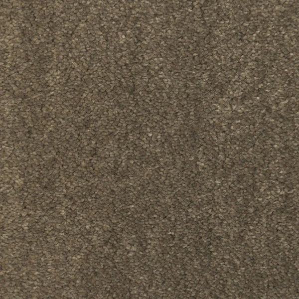 Close-up view of Seduction On Trend Carpet in Manhattan color, featuring tightly packed, short fibers with a subtle mottled pattern in brown shades—a stylish and durable flooring option.