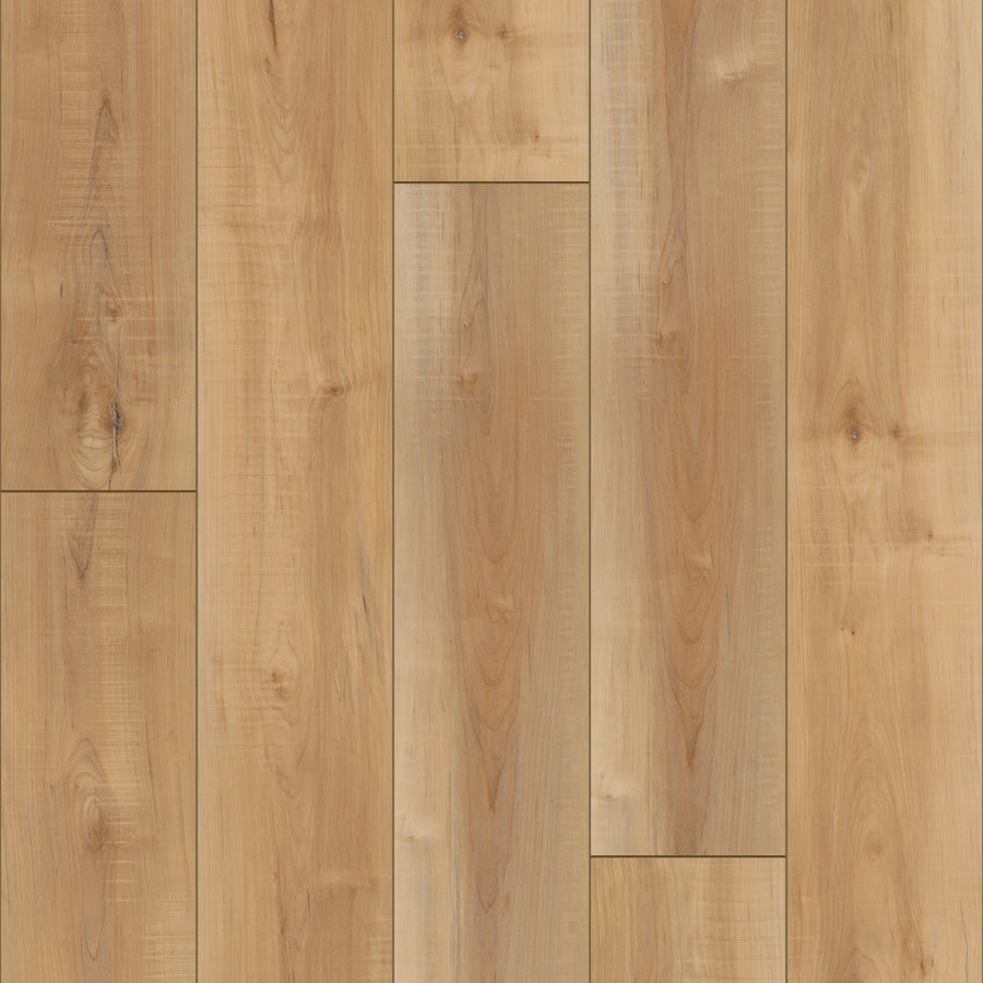 Close-up of light brown Coretec Plus Enhanced Vinyl floorboards with natural grain and knots, arranged in a parallel pattern to highlight the beauty and waterproof qualities of this luxury flooring.