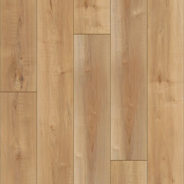 Close-up of light brown Coretec Plus Enhanced Vinyl floorboards with natural grain and knots, arranged in a parallel pattern to highlight the beauty and waterproof qualities of this luxury flooring.