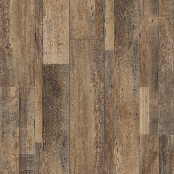 Close-up of Coretec Plus Enhanced Vinyl planks in a staggered layout, featuring natural brown hues and wood grain textures with rustic details for an aged look—an ideal stylish, waterproof flooring choice.