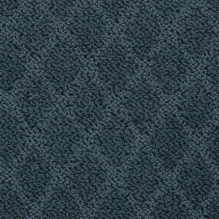 Fine Art On Trend Carpet in Marine Blue features a textured, luxury finish with a subtle diamond pattern and densely packed loops for softness. Its contemporary design adds elegance and visual interest to any space.