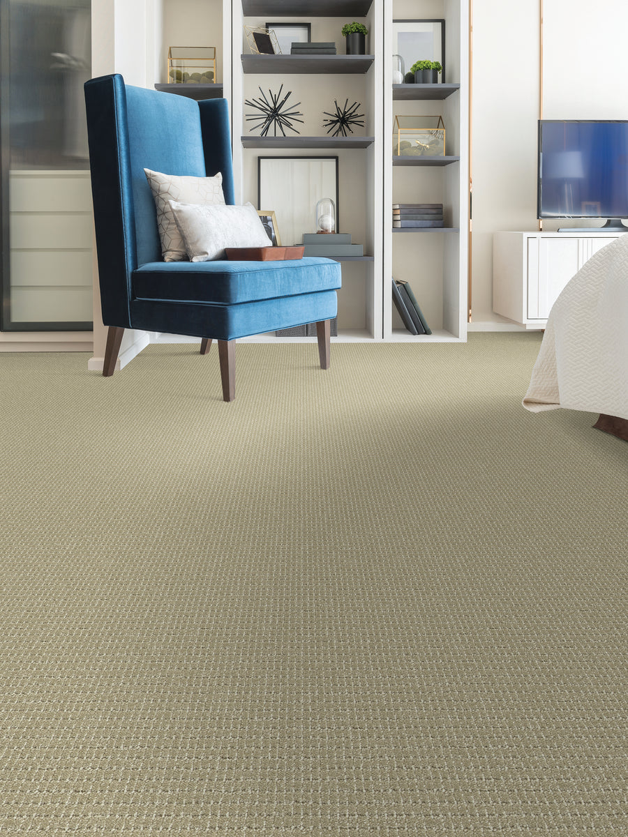 A modern bedroom with light beige carpet, a blue accent chair with a pillow, shelves with decorative items, a TV on a white console, and part of a neatly made bed.