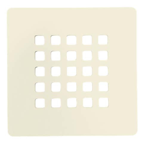 The NEOstone Point Shower Base Drain Cover is a square, cream-colored panel with a stainless steel grate featuring a 5x5 grid of evenly spaced square holes—ideal for modern showers.